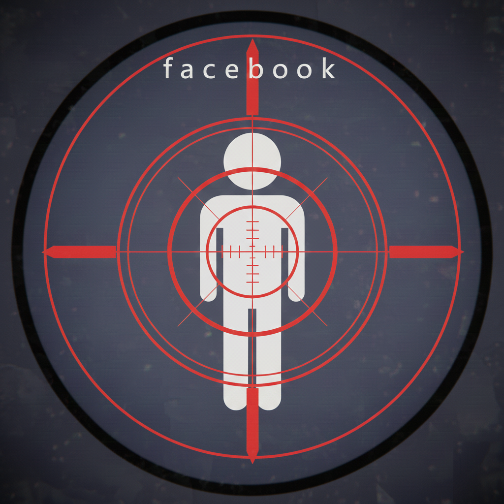 Ein fadenkreuz das auf eine stilisierte Person zielt mit der Überschrift facebook