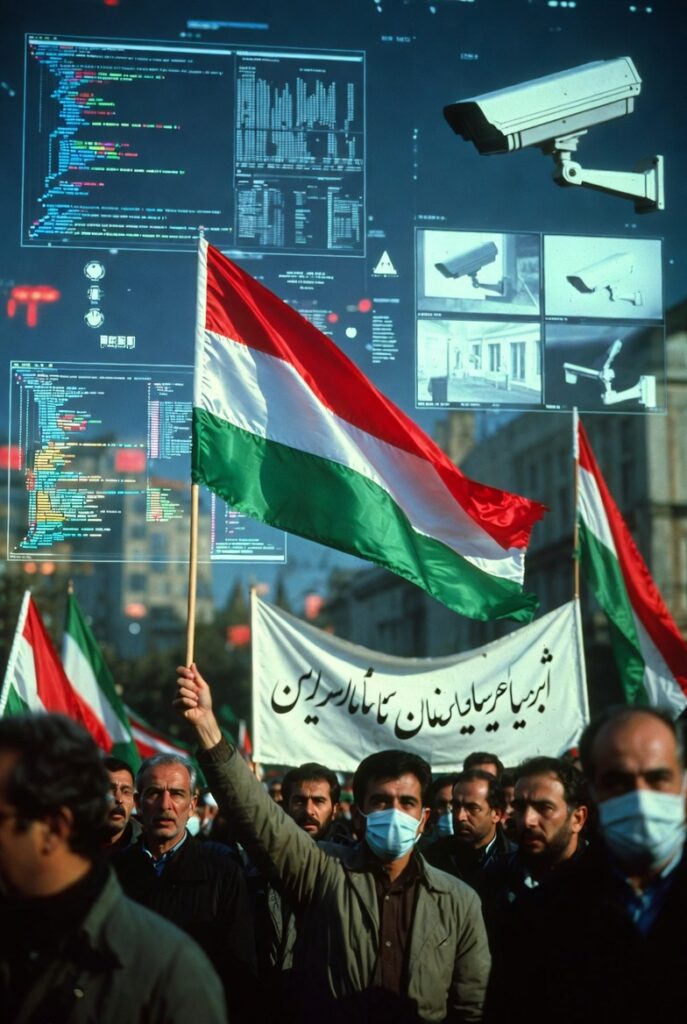 Konstruiertes Bild einer Demo mit Menschen die eine iranische Flagge ohne zusätzliches Symbol tragen, Aussenkameras und Bildschirmanzeigen