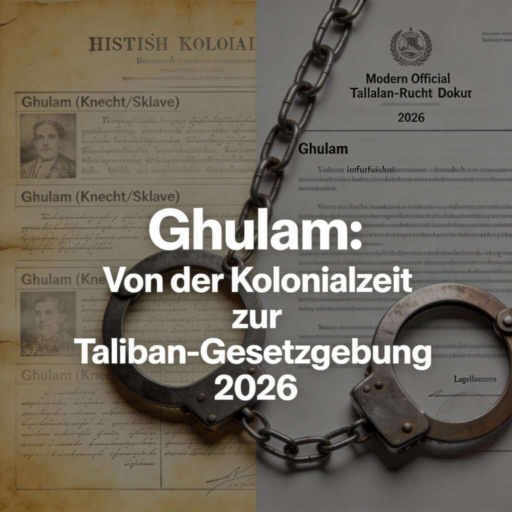 Bild zeigt, Papiere und Handschellen im Hintergrund, davor der Text: Ghulam: Von der Kolonialzeit zur Taliban-Gesetzgebung 2026