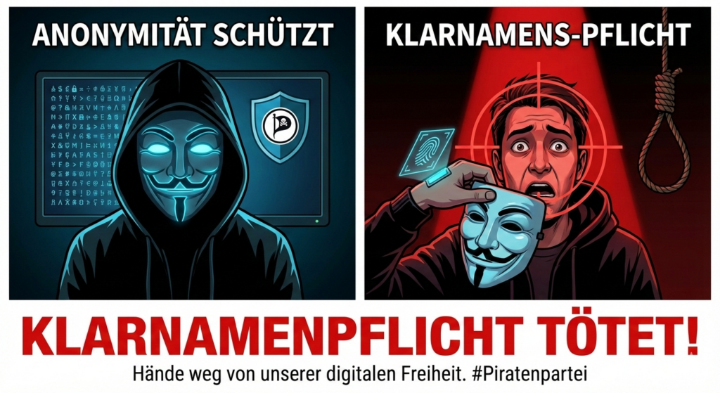 Zweigeteiltes KI generiertes Bild im Comiclook, links eine Person mit Hoodi und Anonmaske, rechts eine der die Maske abgenommen wurde und mit Zielsucher auf den Kopf und Galgenstrick