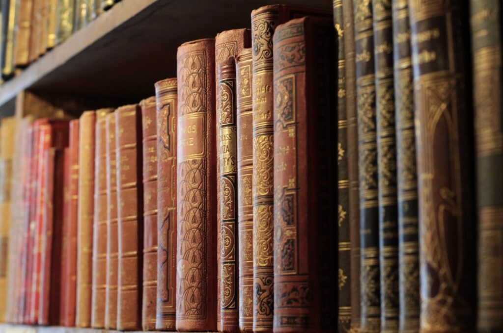 Aneinandergereihte Bücher in einem Regal. Nahe Aufnahme.