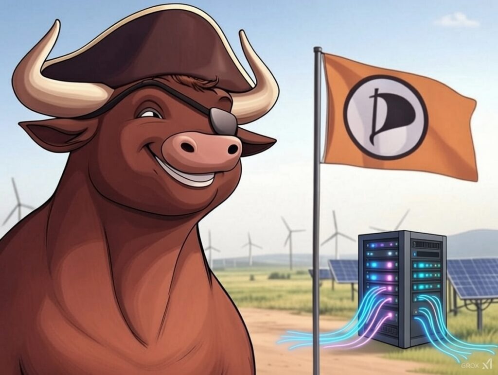 Eine ComicZeichnung von einem Bullen mit Augenklappe und Piratenhut neben einer PiratenFlagge am Mast und einem ServerRack aus dem leuchtende Kabel kommen.