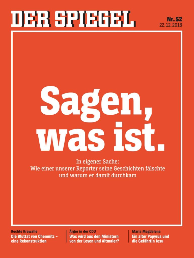 durchgängig rotes Spiegel Deckblatt vom 22 Dezember 2018 mit den Worten Sagen was ist.