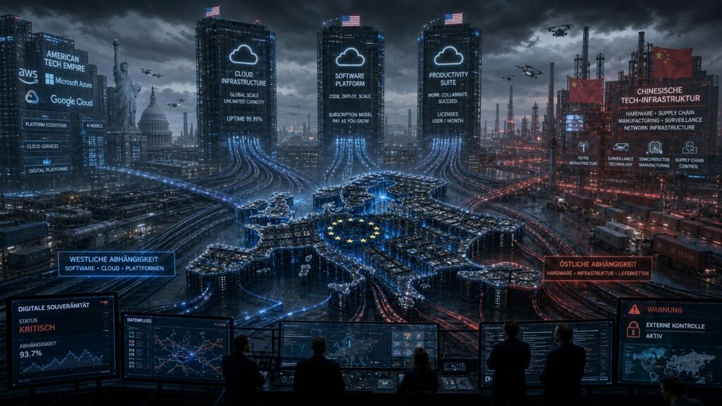 Ein KI Bild das Europa als hochmodernes Server-Rack mit Kontrollraum zeigt, technisch souverän wirkend, aber sichtbar über dicke Daten und Stromkabel an drei übergroße US Tech Türme angeschlossen eine Symbolik von digitaler Abhängigkeit Cloud Software Lizenzen und Infrastrukturkontrolle