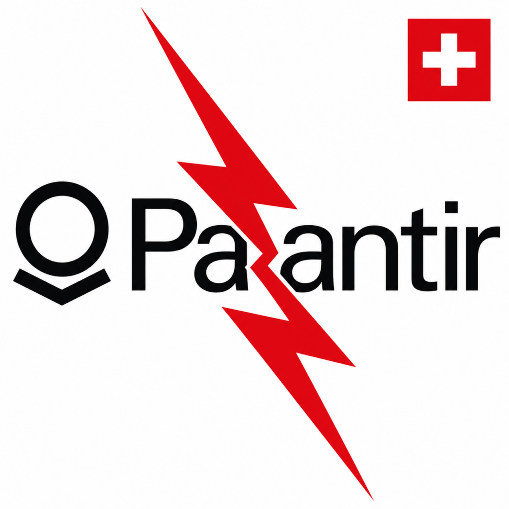Logo und der Schriftzug von Palantir durchstoßen von einem roten Blitz und das schweizer Logo in der rechten oberen Ecke